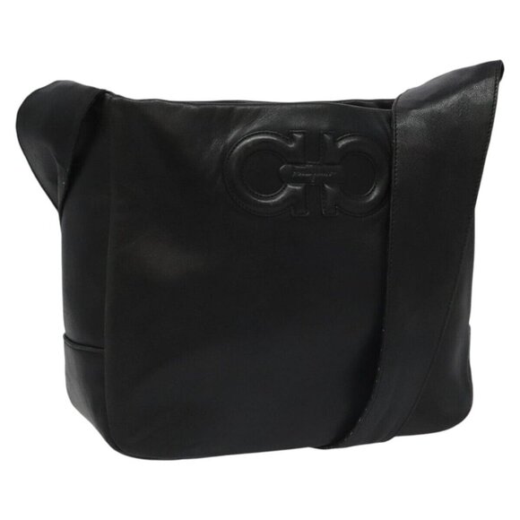 Salvatore Ferragamo Shoulder Bag Leather Black Gold Auth hk2043 - Picture 1 of 13